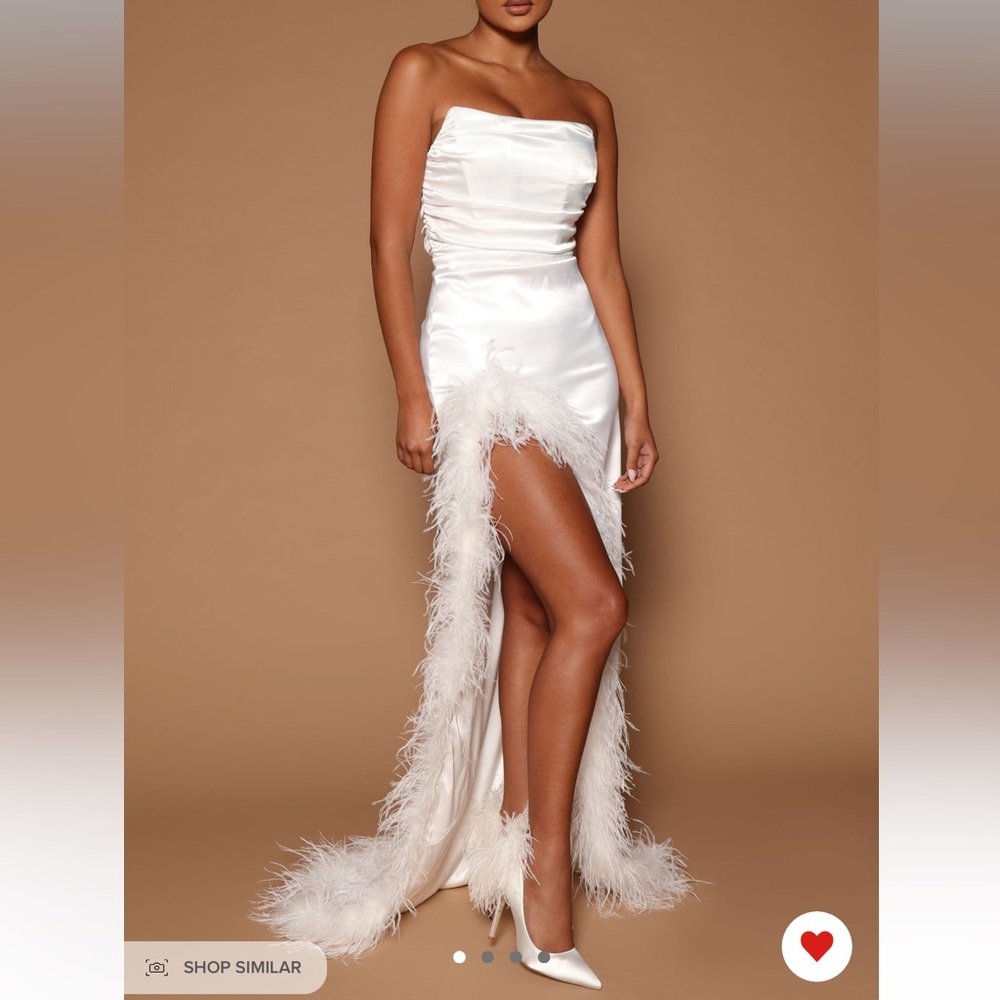 Maxi Tube Dress, Corset Waist, Boning, Ruched Bust, Feather Trim